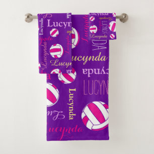Netballs sports pink purple white custom name bath towel set