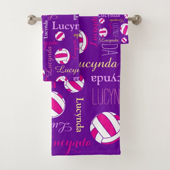 Netballs sports pink purple white custom name bath towel set (Insitu)