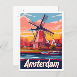 Netherlands Amsterdam Vintage Travel Illustration Postcard