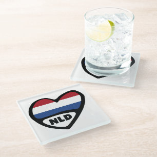 Netherlands Country Code Flag Heart, NLD Glass Coaster