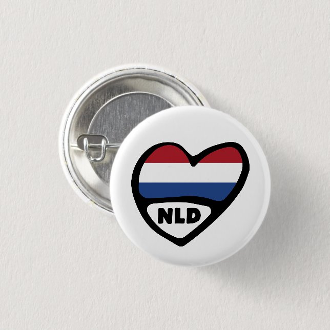 Netherlands Country Code Flag Heart Pin Badge, NLD (Front & Back)