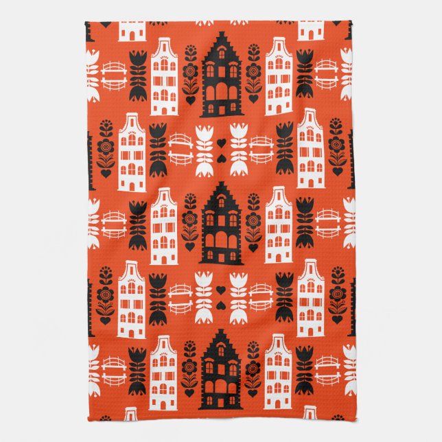 Netherlands Dutch Folk Art Print Tea Towel (Vertical)