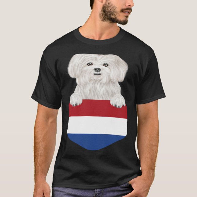 Netherlands Flag Maltese Dog In Pocket T-Shirt (Front)