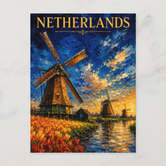 Netherlands: Golden Sunset Windmill Art Souvenir Postcard