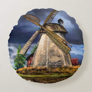 Netherlands Landscape Windmill Round Pillow