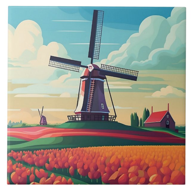 Netherlands Landscape Windmill Tulip Field Travel Tile (Front)
