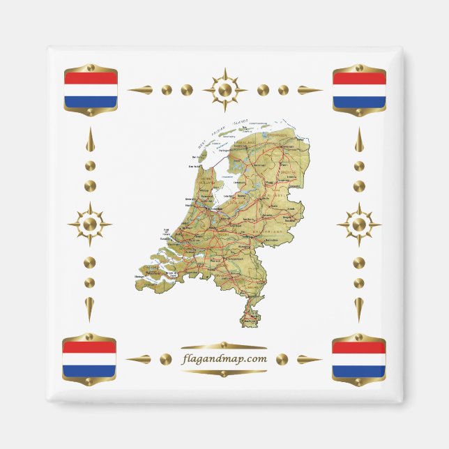 Netherlands Map + Flags Magnet (Front)