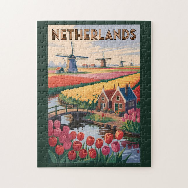 Netherlands Tulips Illustration Travel Art Vintage Jigsaw Puzzle (Vertical)