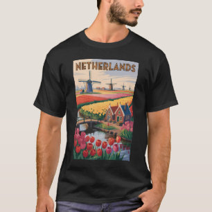 Netherlands Tulips Illustration Travel Art Vintage T-Shirt
