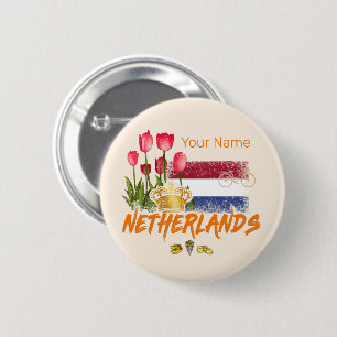 Netherlands Vintage Holland Flag and Dutch Tulip 6 Cm Round Badge