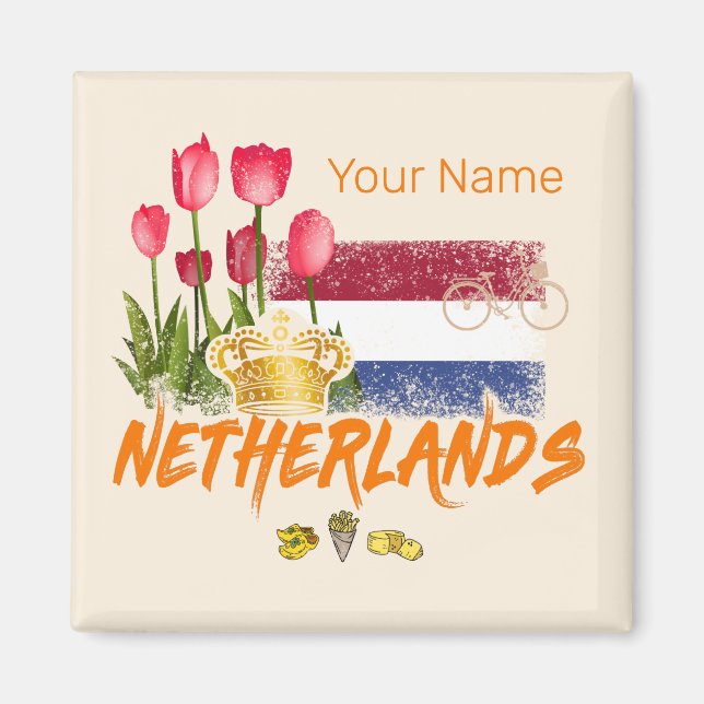 Netherlands Vintage Holland Flag and Dutch Tulip Magnet (Front)
