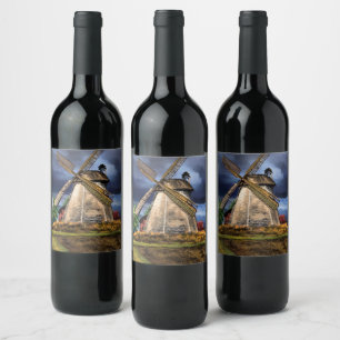 Netherlands Windmill Landscape Wine Label