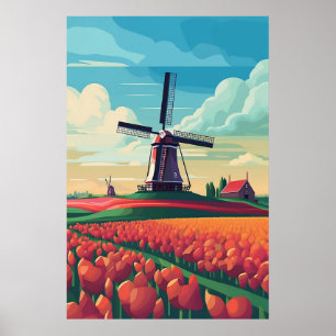 Netherlands WIndmill Tulip Field Illustration Poster