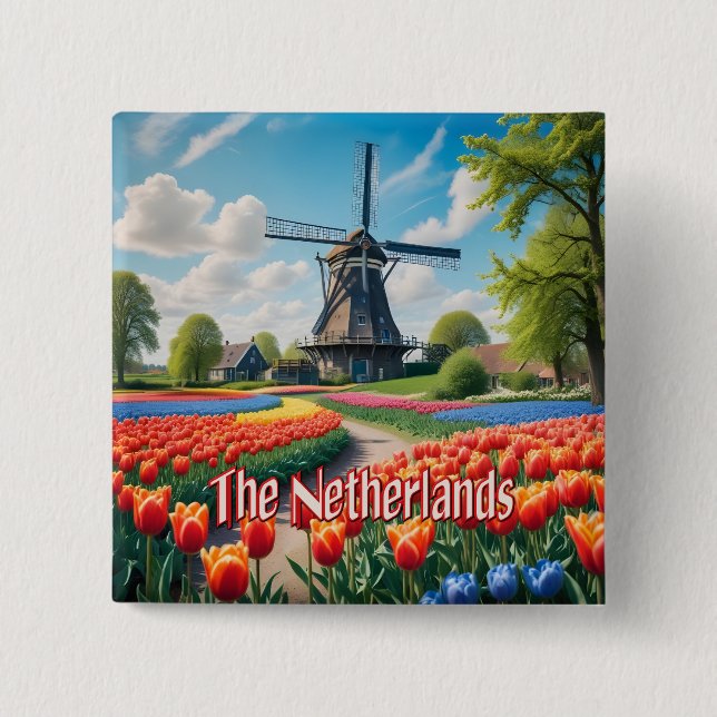 Netherlands Windmill & Tulips 15 Cm Square Badge (Front)