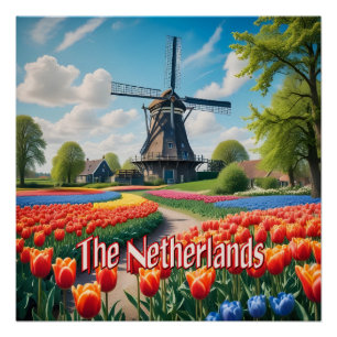 Netherlands Windmill & Tulips Poster