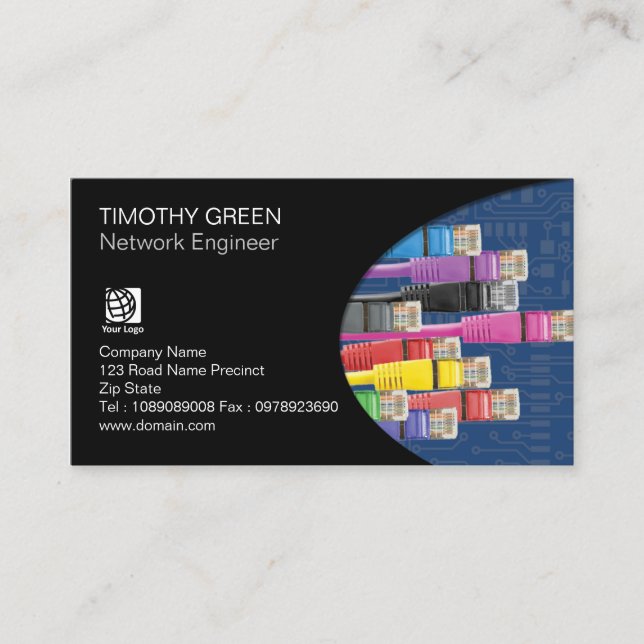 Network Engineer Technical Coloured Computer Cable Business Card (Front)
