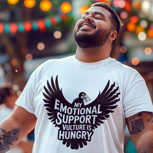 Neurodivergence Humour Emotional Support Vulture  T-Shirt (Young man wearing Emotional Support Vulture neurodivergent tee enjoying a street fair festival.)