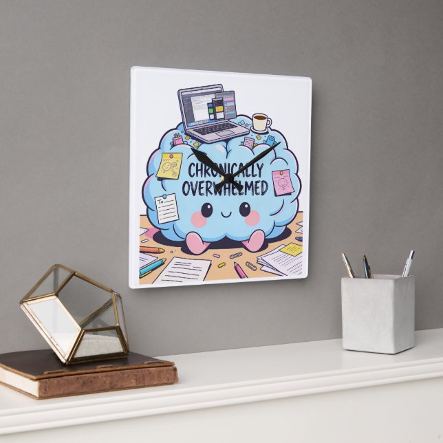 Neurodivergent Chronically Overwhelmed Cute Brain Square Wall Clock (Office)