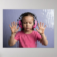 Neurodivergent kid girl with pink headphones press
