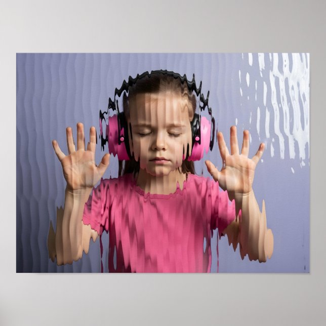Neurodivergent kid girl with pink headphones press poster (Front)