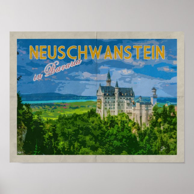 Neuschwanstein Castle Distressed Vintage Travel Poster (Front)