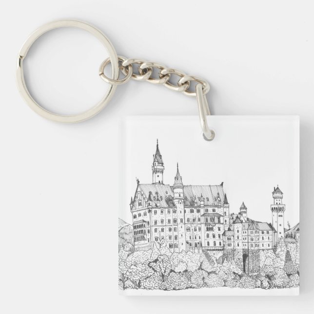 Neuschwanstein Castle Germany Fine Line Art Key Ring (Front)