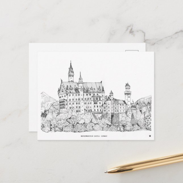 Neuschwanstein Castle Germany Fine Line Art Postcard (Front/Back In Situ)