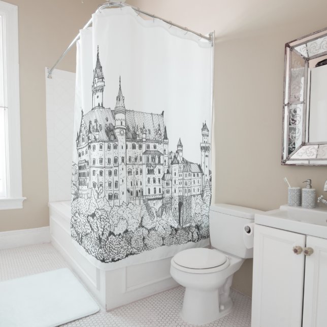 Neuschwanstein Castle Germany Fine Line Art Shower Curtain (In Situ)