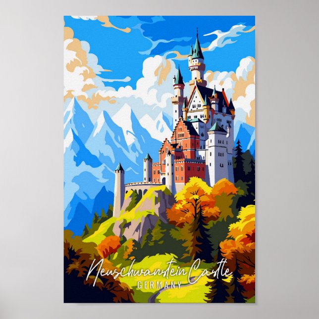 Neuschwanstein Castle vintage travel illustration Poster (Front)