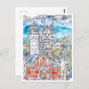 Neuschwastein Castle Germany Travel Watercolor Postcard