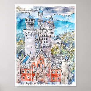 Neuschwastein Castle Germany Travel Watercolor Poster