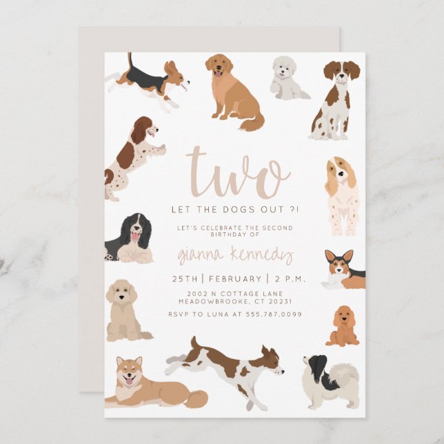 Neutral 2nd Birthday Two Let the Dogs Out Invite (Front/Back)