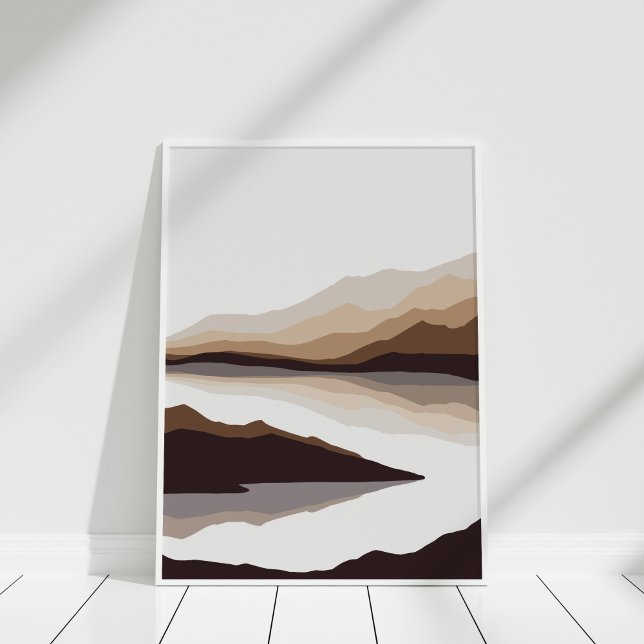 Neutral Abstract Mountain and River Wall Art (Neutral Abstract Mountain and River Wall Art in white frame agianst white wall.)