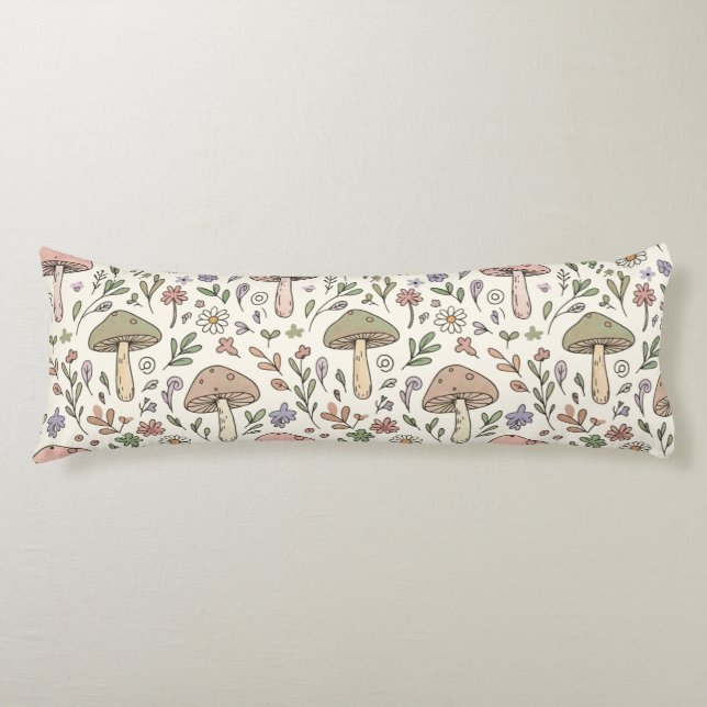 Neutral Aesthetic Mushroom Fungi Seamless Pattern Body Cushion (Front)