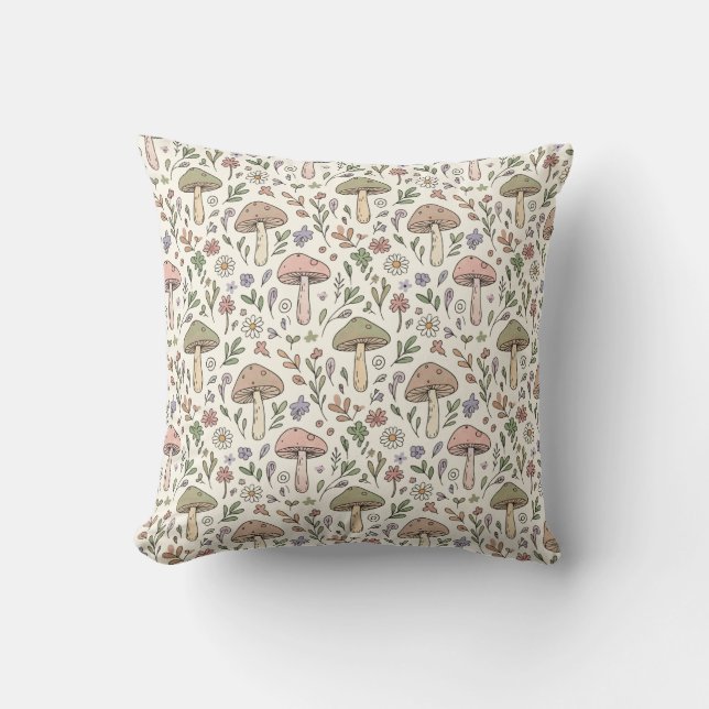 Neutral Aesthetic Mushroom Fungi Seamless Pattern Cushion (Front)