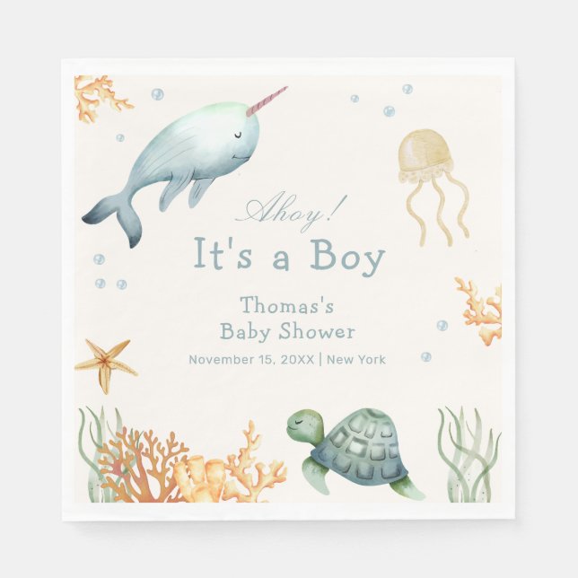 Neutral Ahoy Under The Sea Whale Boy Baby Shower  Napkin (Front)
