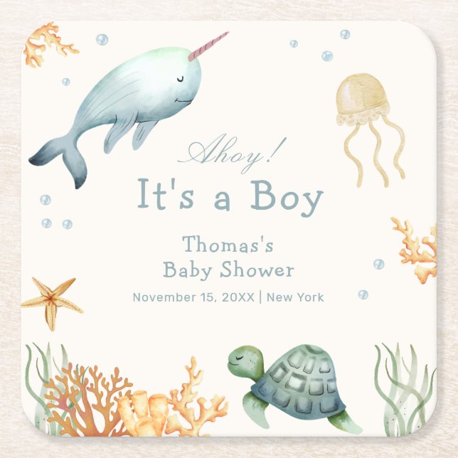 Neutral Ahoy Under The Sea Whale Boy Baby Shower  Square Paper Coaster (Front)