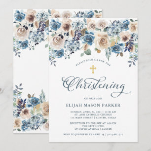Neutral and Blue Floral   Boy or Girl Christening Invitation