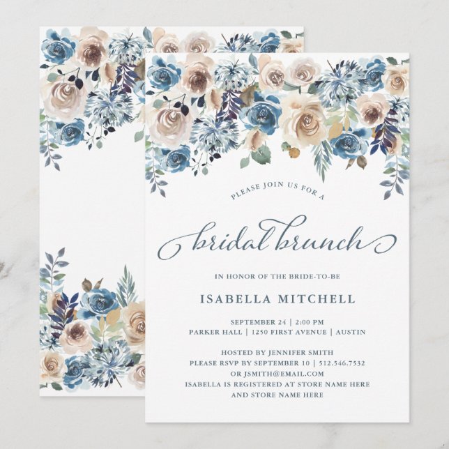Neutral and Blue Floral | Bridal Brunch Invitation (Front/Back)