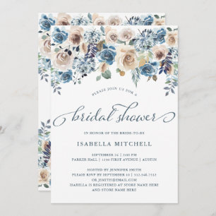 Neutral and Blue Floral   Bridal Shower Invitation