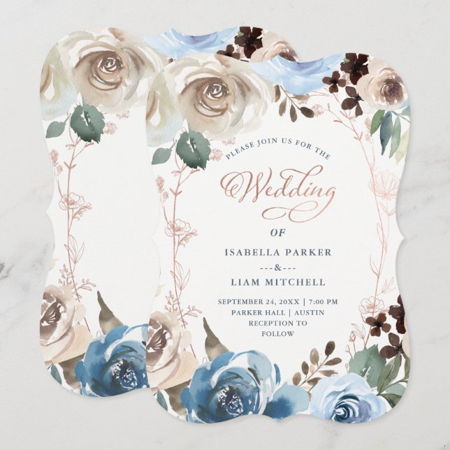 Neutral and Blue Floral | Faux Rose Gold Wedding Invitation (Front/Back)