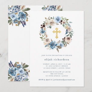 Neutral and Blue Floral   Gold Cross Baptism Invitation