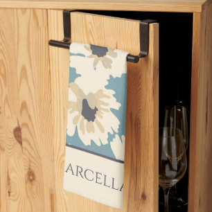 Neutral and Blue Floral Patterns Personalised Tea Towel