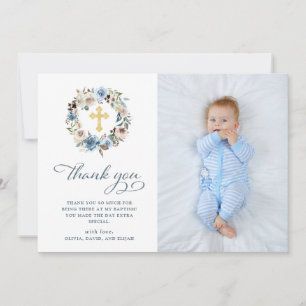 Neutral and Blue Floral   Photo Baptism Thank You Card