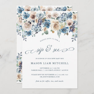 Neutral and Blue Floral   Sip and See Invitation