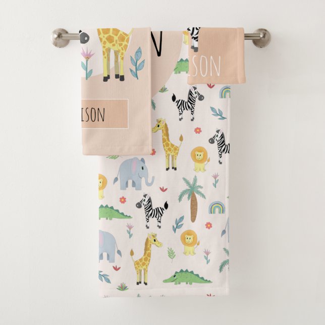 Neutral and Cute Jungle Safari Animals Zebra Kids Bath Towel Set (Insitu)