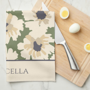 Neutral and Green Floral Patterns Personalised  Tea Towel