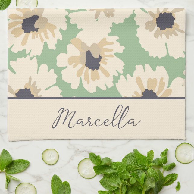Neutral and Mint Floral Patterns Personalised  Tea Towel (Folded)
