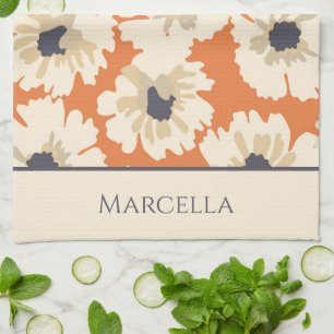 Neutral and Orange  Floral Patterns Personalised  Tea Towel