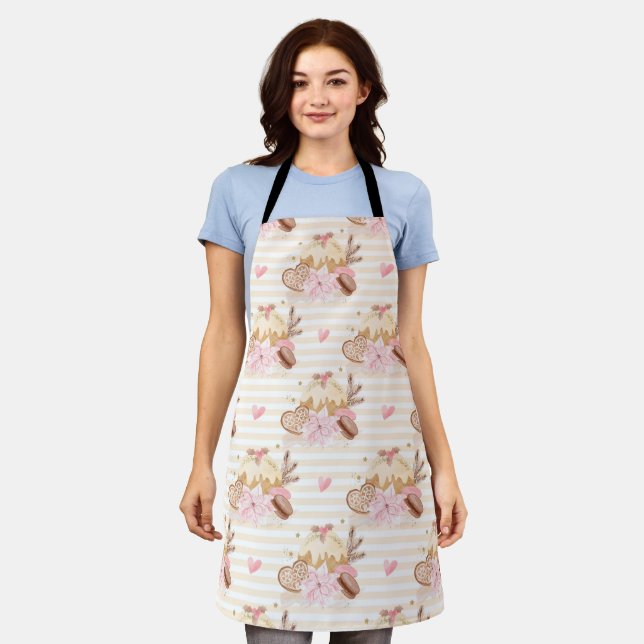Neutral and Pink Christmas Dessert Pattern Apron (Worn)